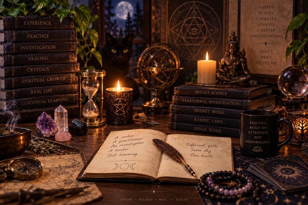 Practitioner's altar — books, candles, crystals and ritual objects