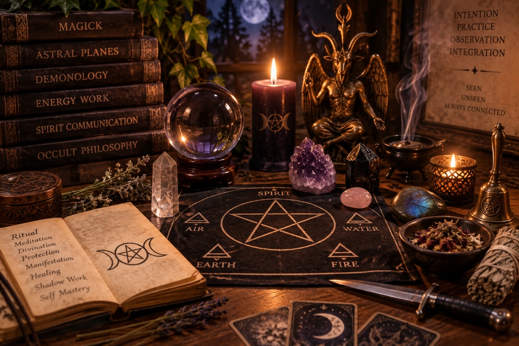 Occult practice — ritual altar with candles, crystals and sacred texts