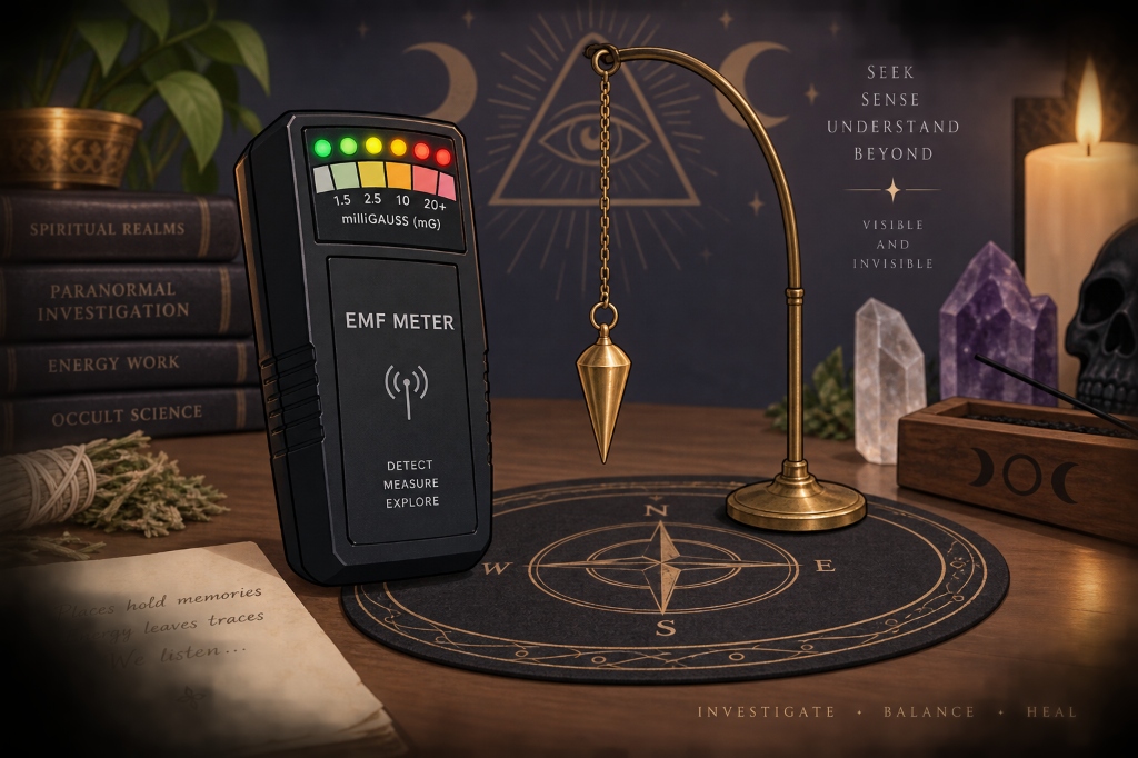 Paranormal investigation equipment — EMF meter, pendulum, compass